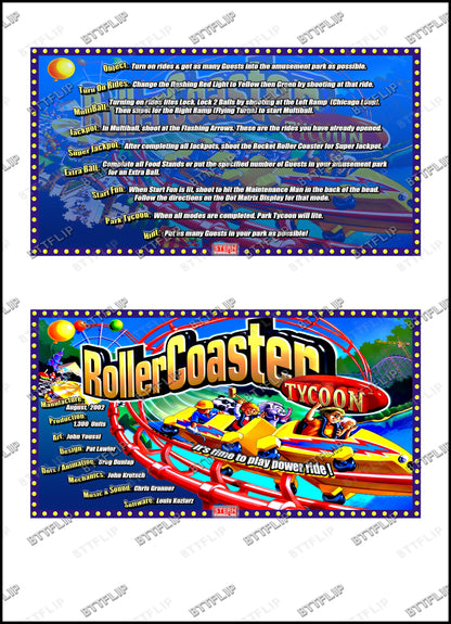 Instrucciones de las tarjetas del juego Stern Roller Coster Tycoon 2002, delantal personalizado de pinball, reglas impresas