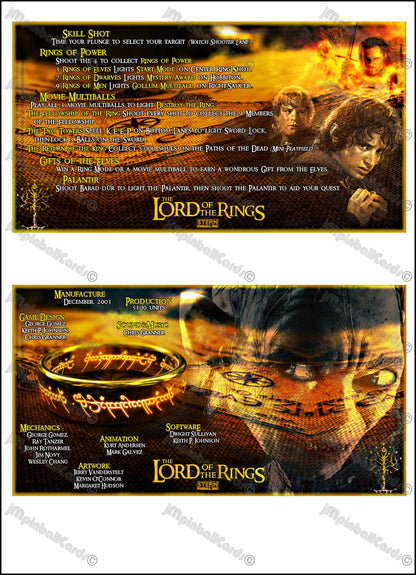 Stern The Lord Of The Rings 2003 Game Cards Instructions Pinball Custom Apron Printed Rules