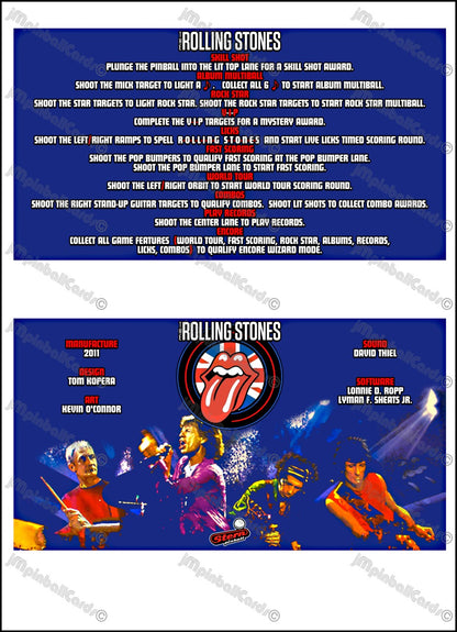 Instrucciones para las tarjetas del juego Stern The Rolling Stones 2011 Delantal personalizado de pinball Reglas impresas