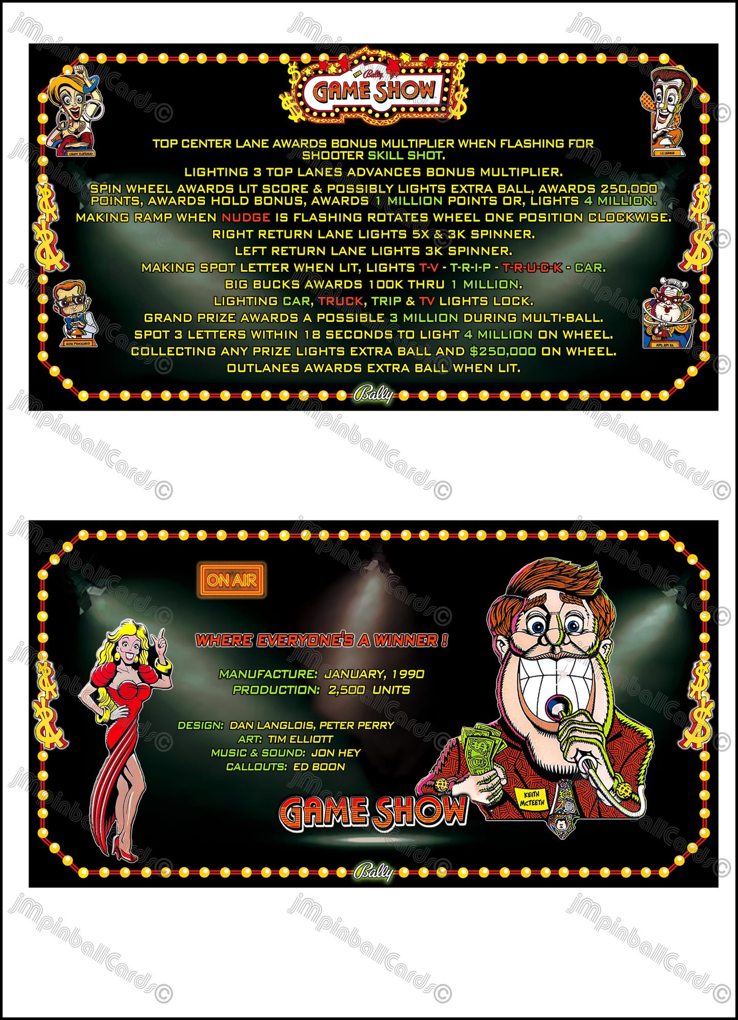 Instrucciones de las tarjetas del juego Bally Game Show 1990, máquina de pinball, delantal personalizado, reglas impresas