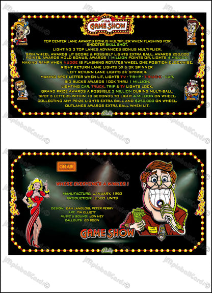 Instrucciones de las tarjetas del juego Bally Game Show 1990, máquina de pinball, delantal personalizado, reglas impresas