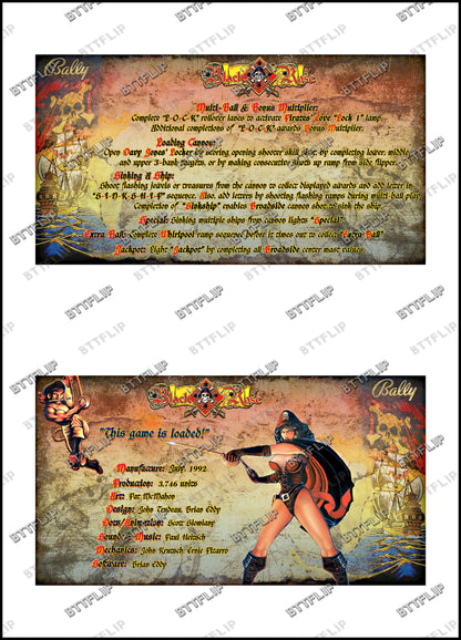 Instrucciones de las tarjetas del juego Bally BLACK ROSE 1992 Delantal personalizado de pinball con reglas impresas