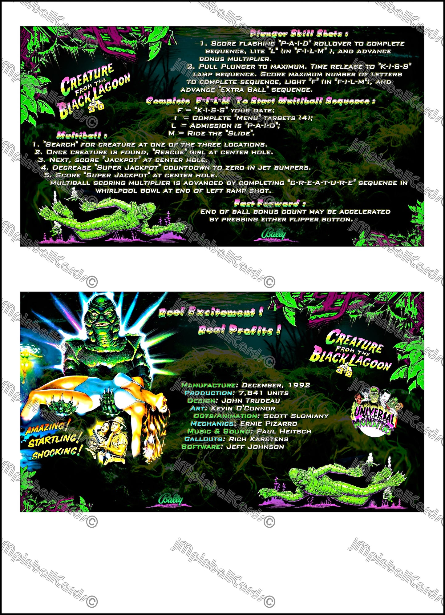 Bally Creature From The Black Lagoon 1992 Jeu Cartes Instructions Flipper Custom Apron règles imprimées V1