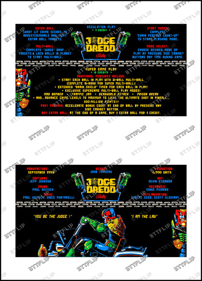 Bally JUDGE DREDD 1993 Game Cards Instructions Pinball Custom Apron Printed Rules V1