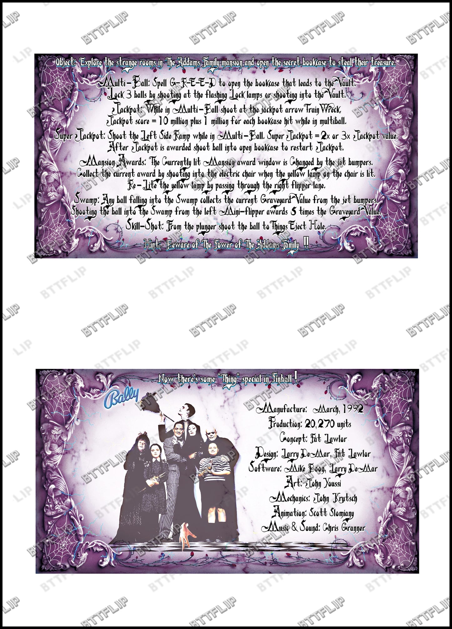 Instrucciones de las tarjetas del juego Bally The Addams Family 1992, máquina de pinball, delantal personalizado, reglas impresas V1