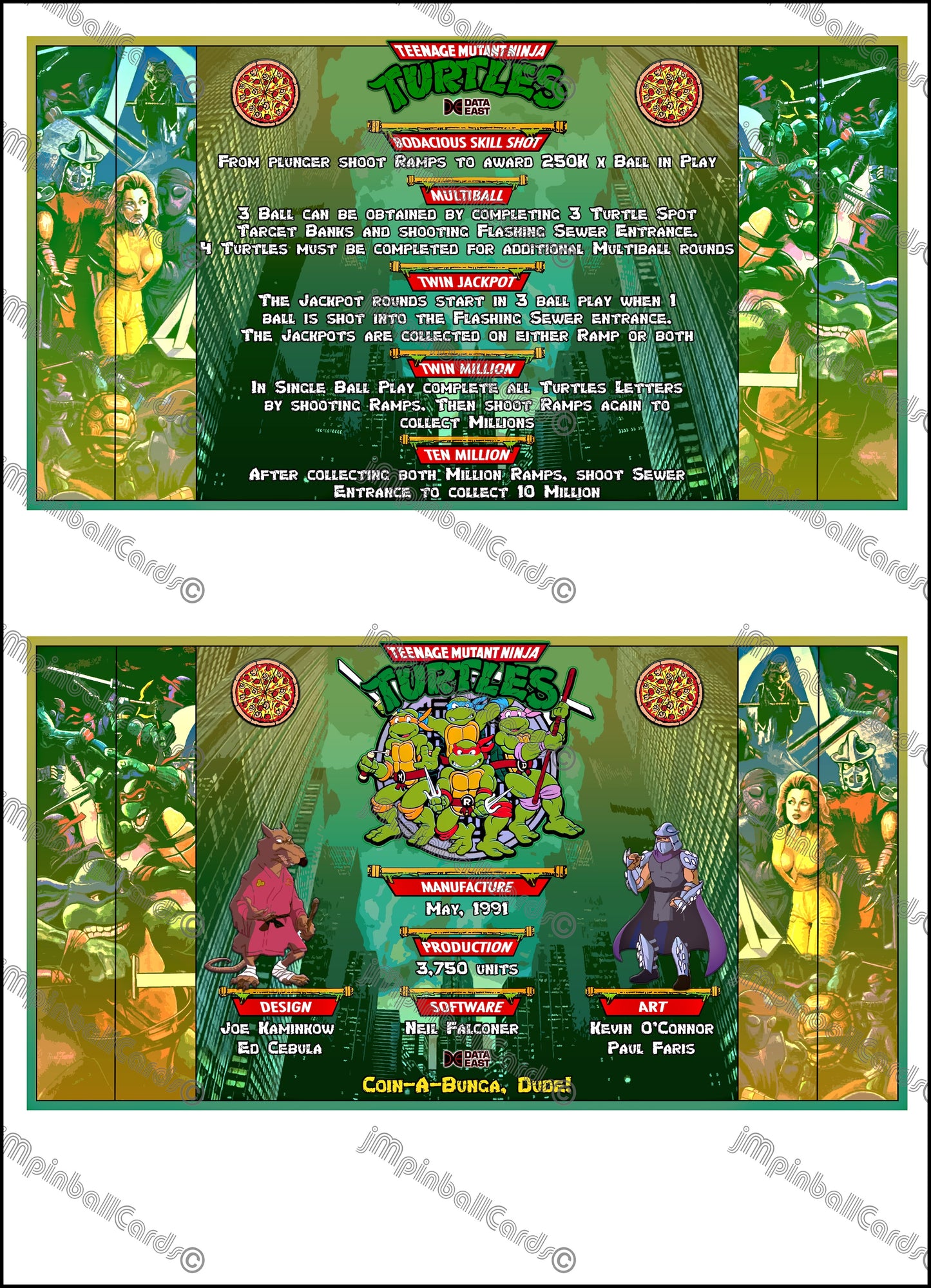 Data East Ninja Turtles 1991 Jeu Cartes Instructions Flipper Custom Apron règles imprimées V1