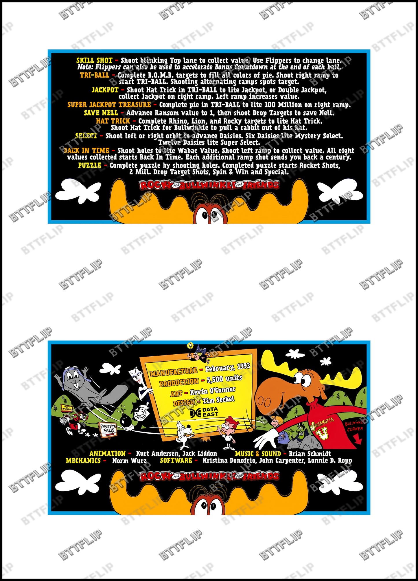 Data East THE ADVENTURES OF ROCKY AND BULLWINKLE AND FRIENDS 1993 Jeu Cartes Instructions Flipper Custom Apron règles imprimées