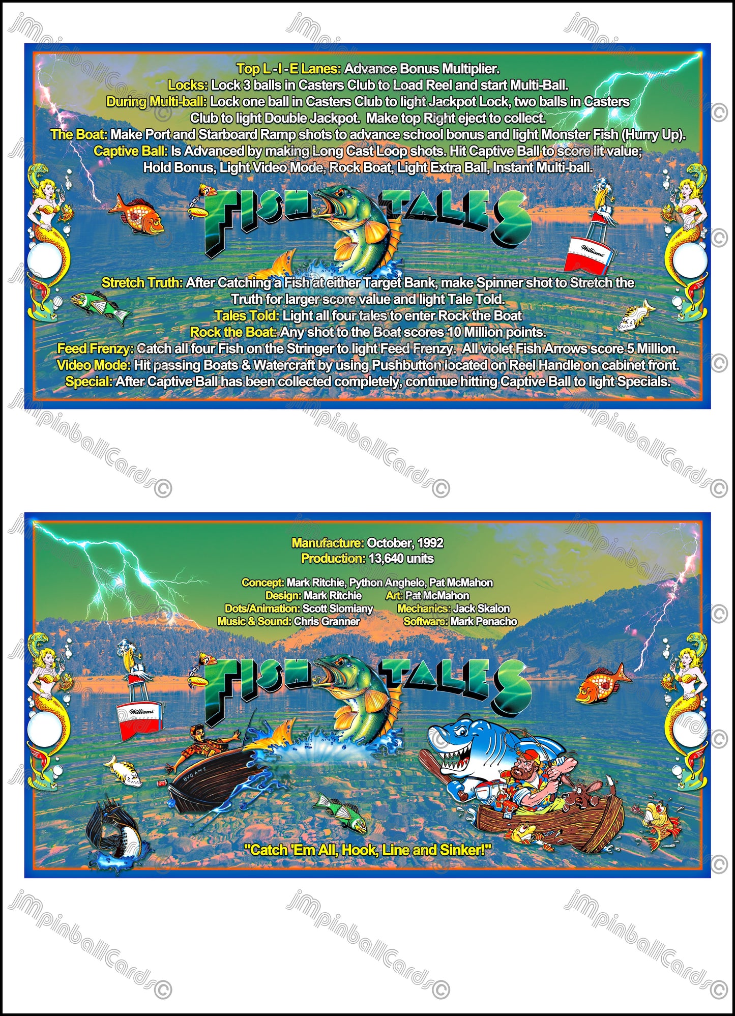 Instrucciones de las tarjetas del juego Williams Fish Tales 1992, delantal personalizado de pinball, reglas impresas V1