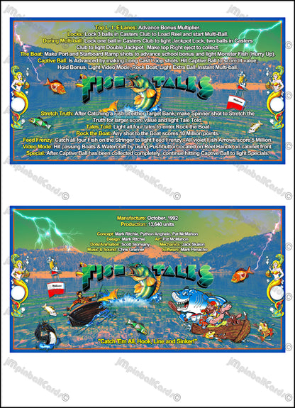 Instrucciones de las tarjetas del juego Williams Fish Tales 1992, delantal personalizado de pinball, reglas impresas V1
