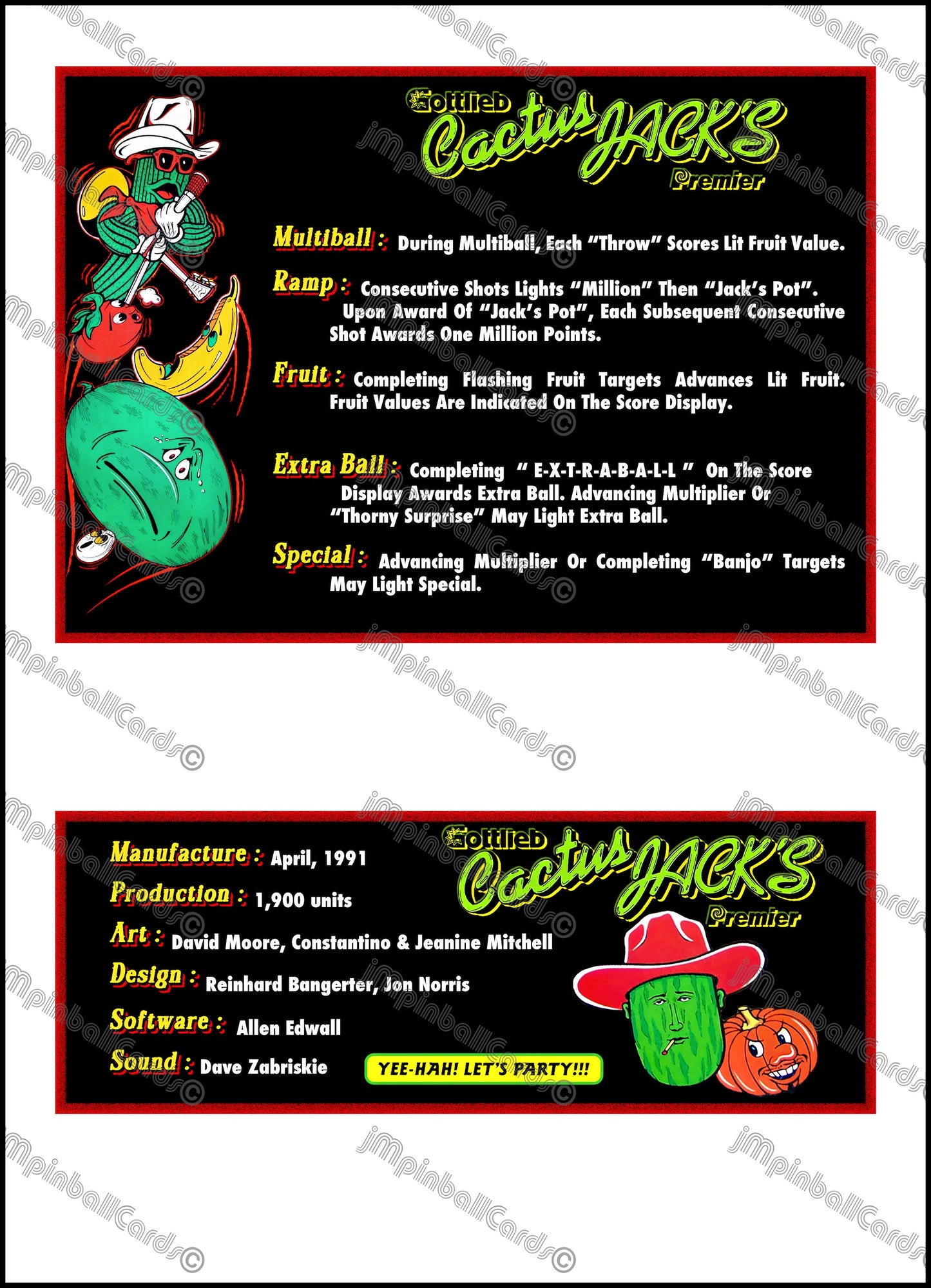 Gottlieb Cactus Jack's 1991 Game Cards Instructions Pinball Custom Apron Printed Rules V1