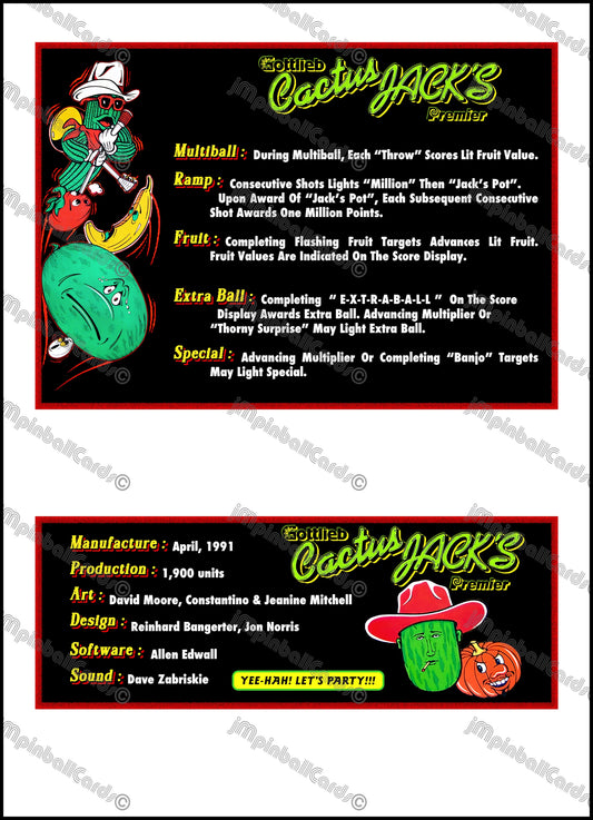 Gottlieb Cactus Jack's 1991 Jeu Cartes Instructions Flipper Custom Apron règles imprimées V1