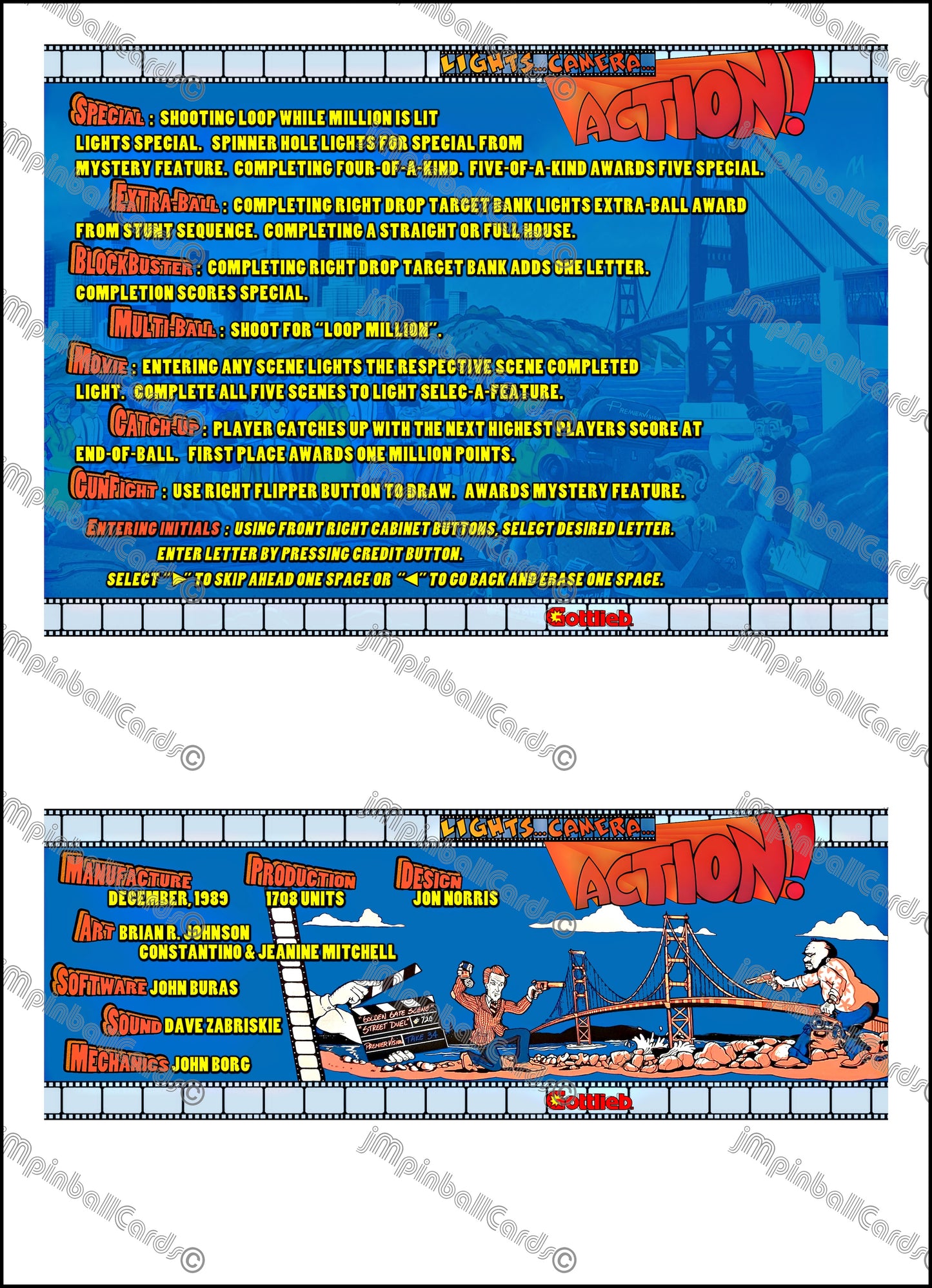 Gottlieb Light Camera Action 1989 Game Cards Instructions Flipper Custom Apron Printed Rules V1