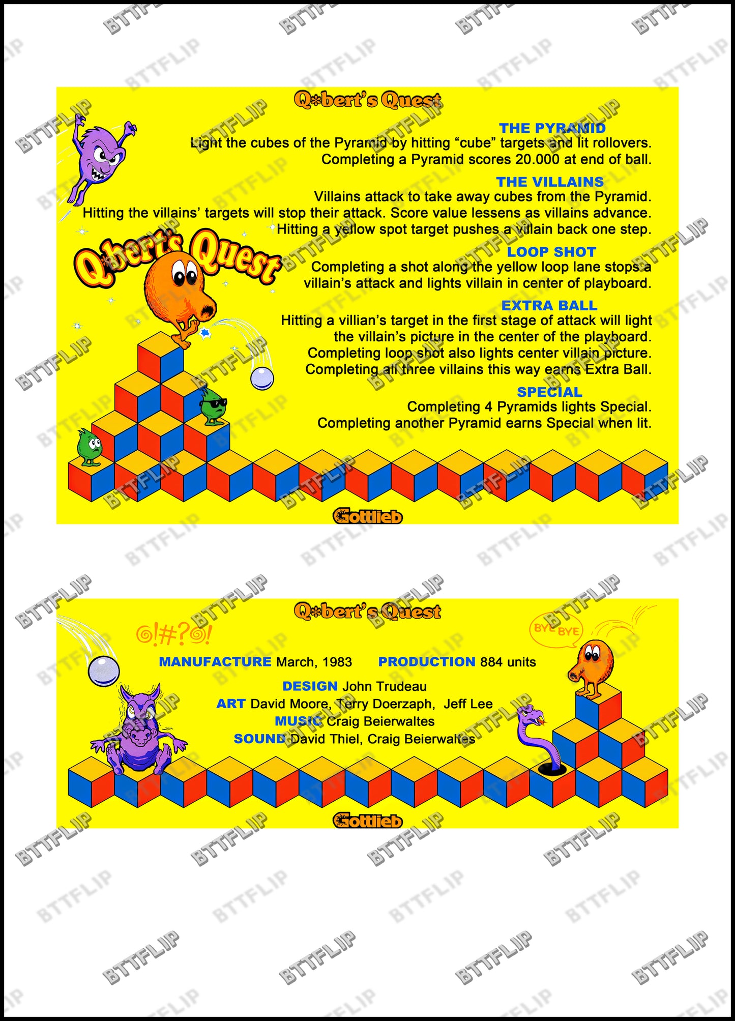 Gottlieb Q * Bert's Quest 1983 Juego de cartas Instrucciones Pinball Delantal personalizado Reglas impresas