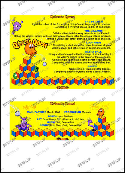 Gottlieb Q * Bert's Quest 1983 Juego de cartas Instrucciones Pinball Delantal personalizado Reglas impresas