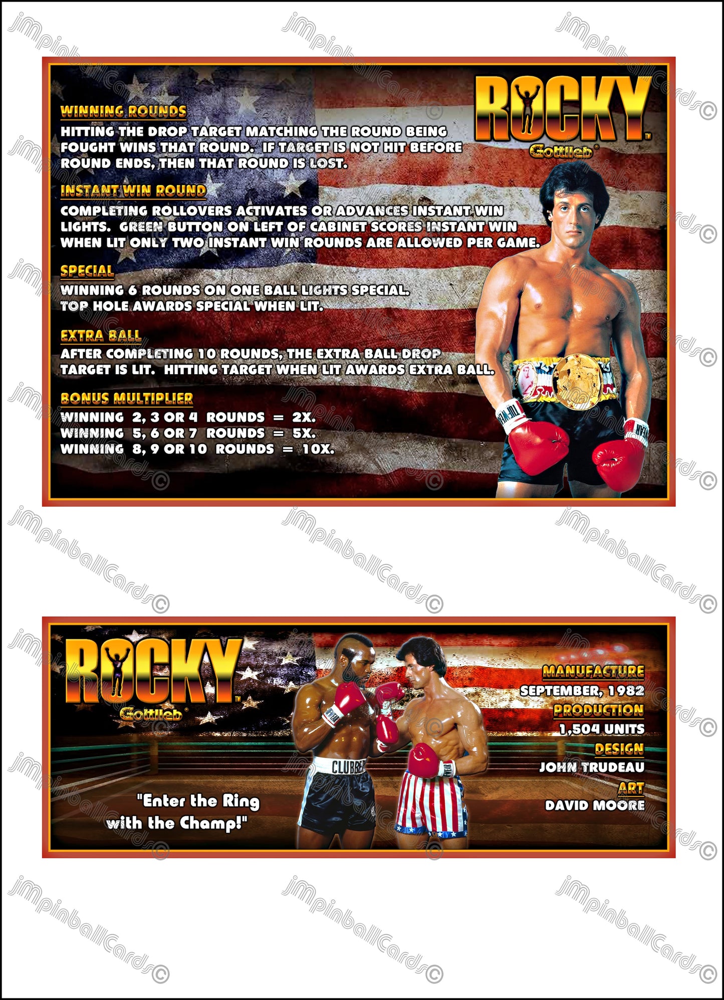 Instrucciones de las tarjetas del juego Gottlieb Rocky 1982 Pinball V1 Tarjetas de delantal de pinball con impresión personalizada