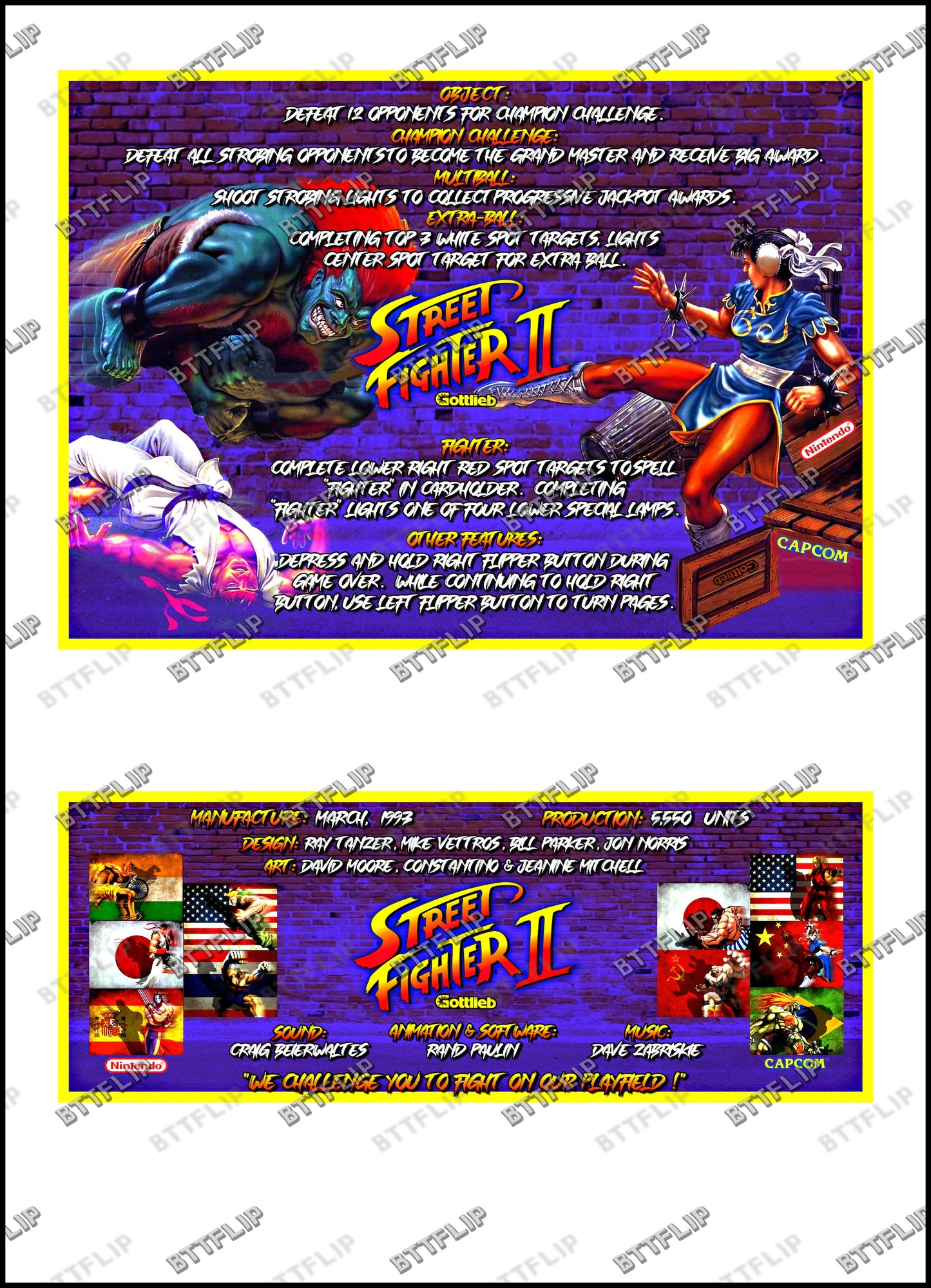 Instrucciones de las tarjetas de juego Gottlieb Street Fighter 1993 Pinball - Tarjetas de pinball personalizadas con impresión personalizada