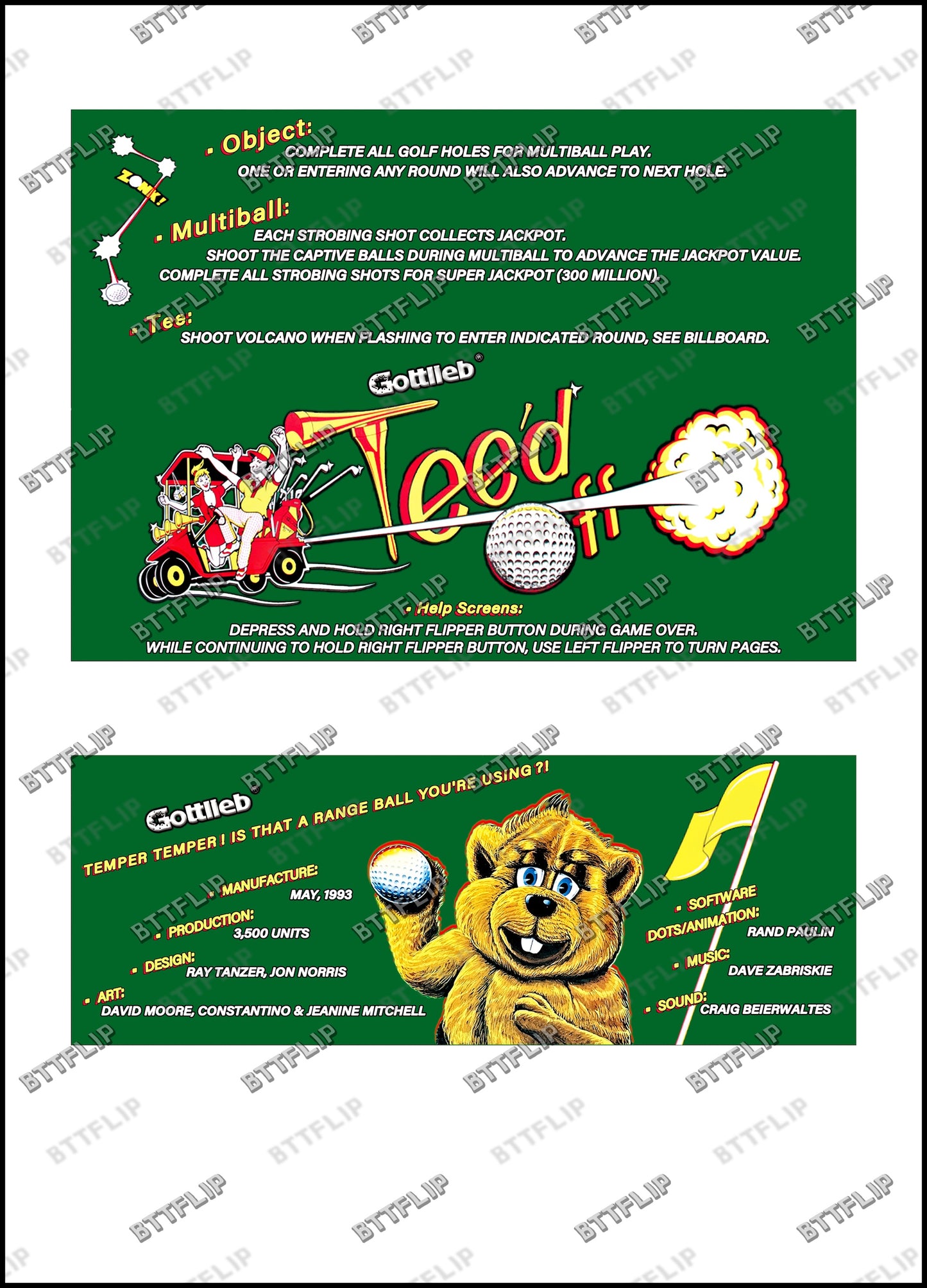 Gottlieb TEE'D OFF 1993 Game Cards Instructions Pinball Custom Apron printed rules