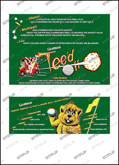 Gottlieb TEE'D OFF 1993 Game Cards Instructions Pinball Custom Apron printed rules