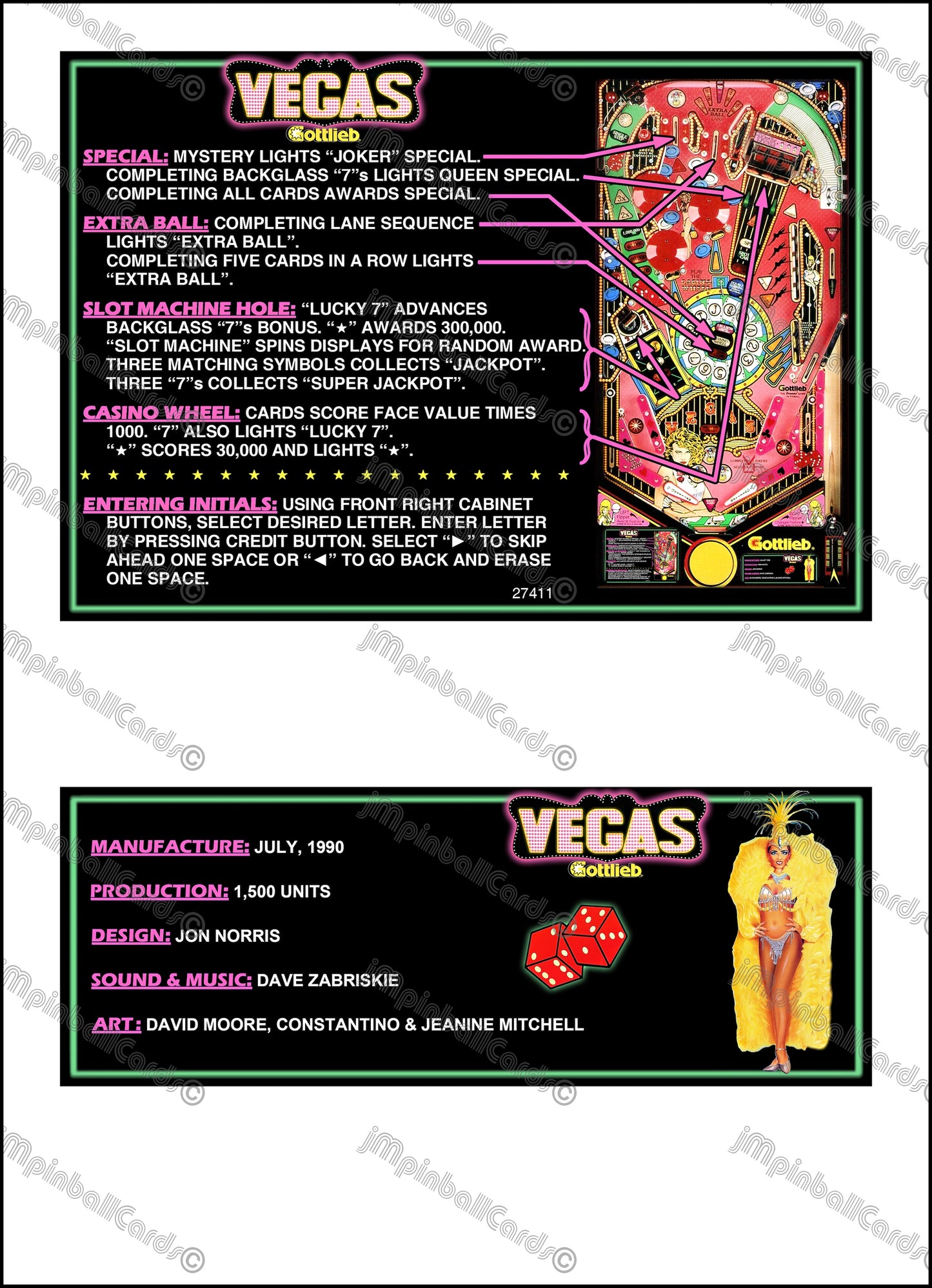 Gottlieb VEGAS 1990 Jeu Cartes Instructions Flipper Custom Apron règles imprimées V1