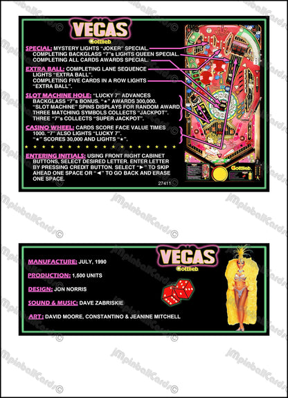 Instrucciones de las tarjetas de juego Gottlieb VEGAS 1990, delantal personalizado de pinball, reglas impresas V1