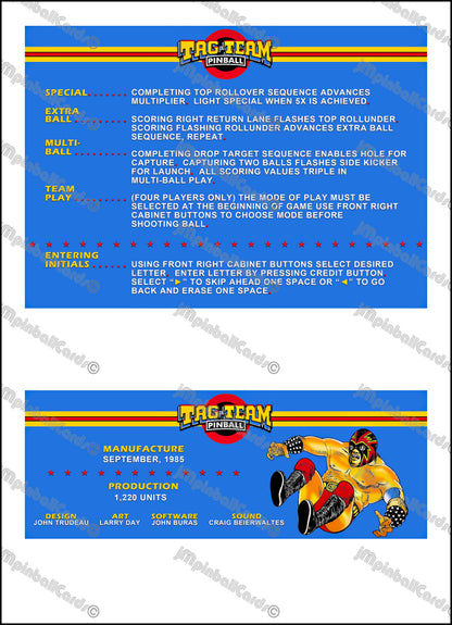 Instrucciones de las tarjetas del juego Gottlieb Tag Team Pinball de 1985. Delantal personalizado. Reglas impresas de Pinball V1.