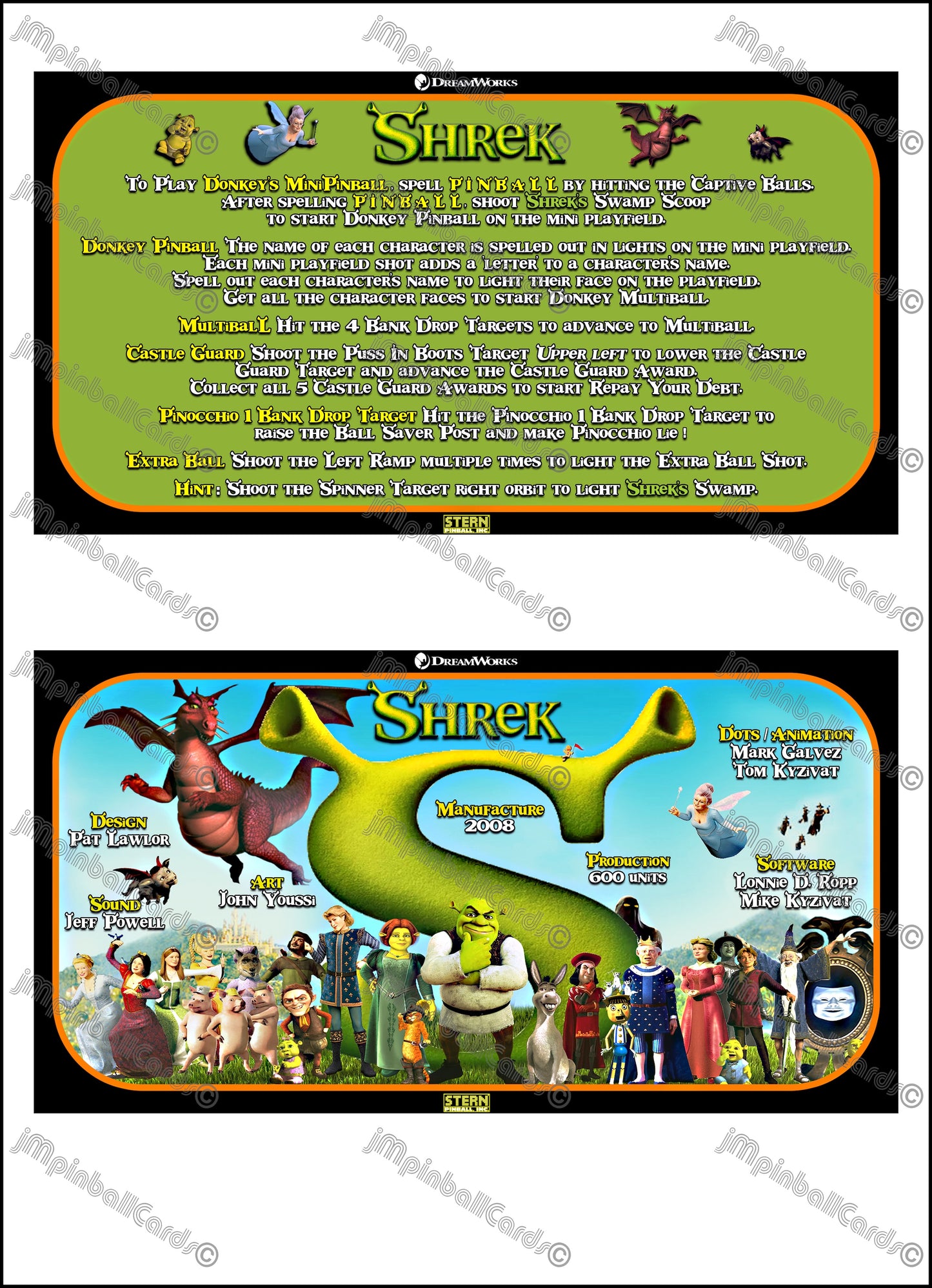 Instrucciones de las tarjetas del juego Stern Shrek 2008 Pinball V1 Delantal de pinball impreso personalizado Reglas de las tarjetas