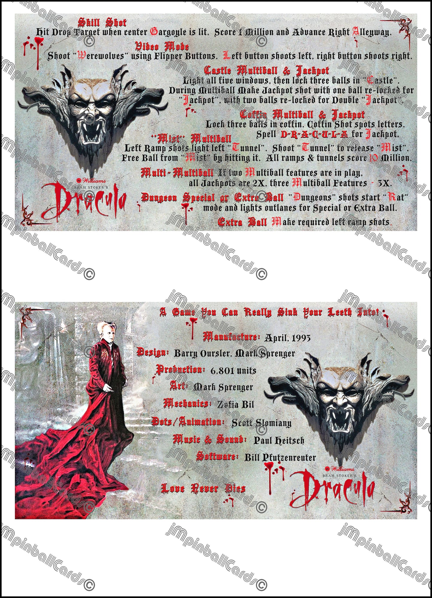 Williams Bram Stokers Dracula 1993 Jeu Cartes Instructions Flipper Custom Apron règles imprimées V1