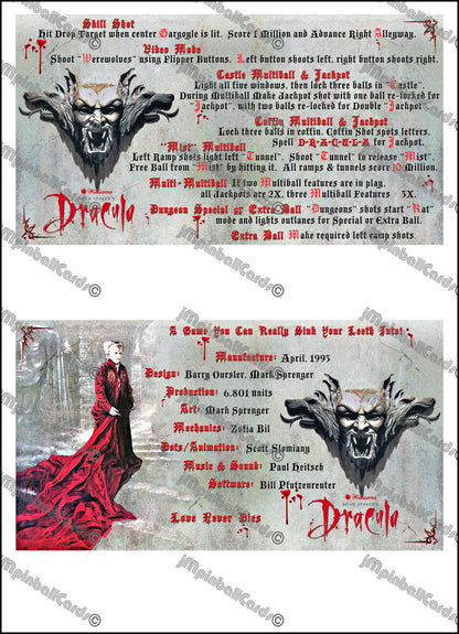 Williams Bram Stokers Dracula 1993 Game Cards Instructions Flipper Custom Apron Printed Rules V1