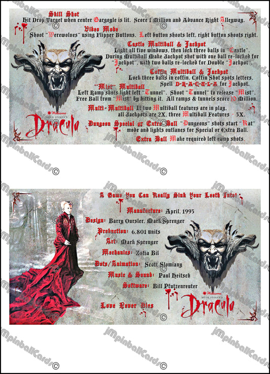 Williams Bram Stokers Dracula 1993 Jeu Cartes Instructions Flipper Custom Apron règles imprimées V1