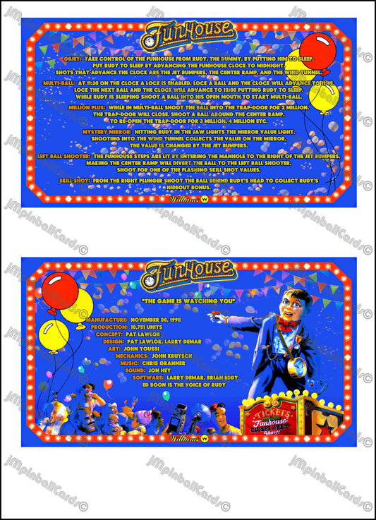 Instrucciones de las tarjetas del juego Williams Funhouse 1990, delantal personalizado de pinball, reglas impresas V1
