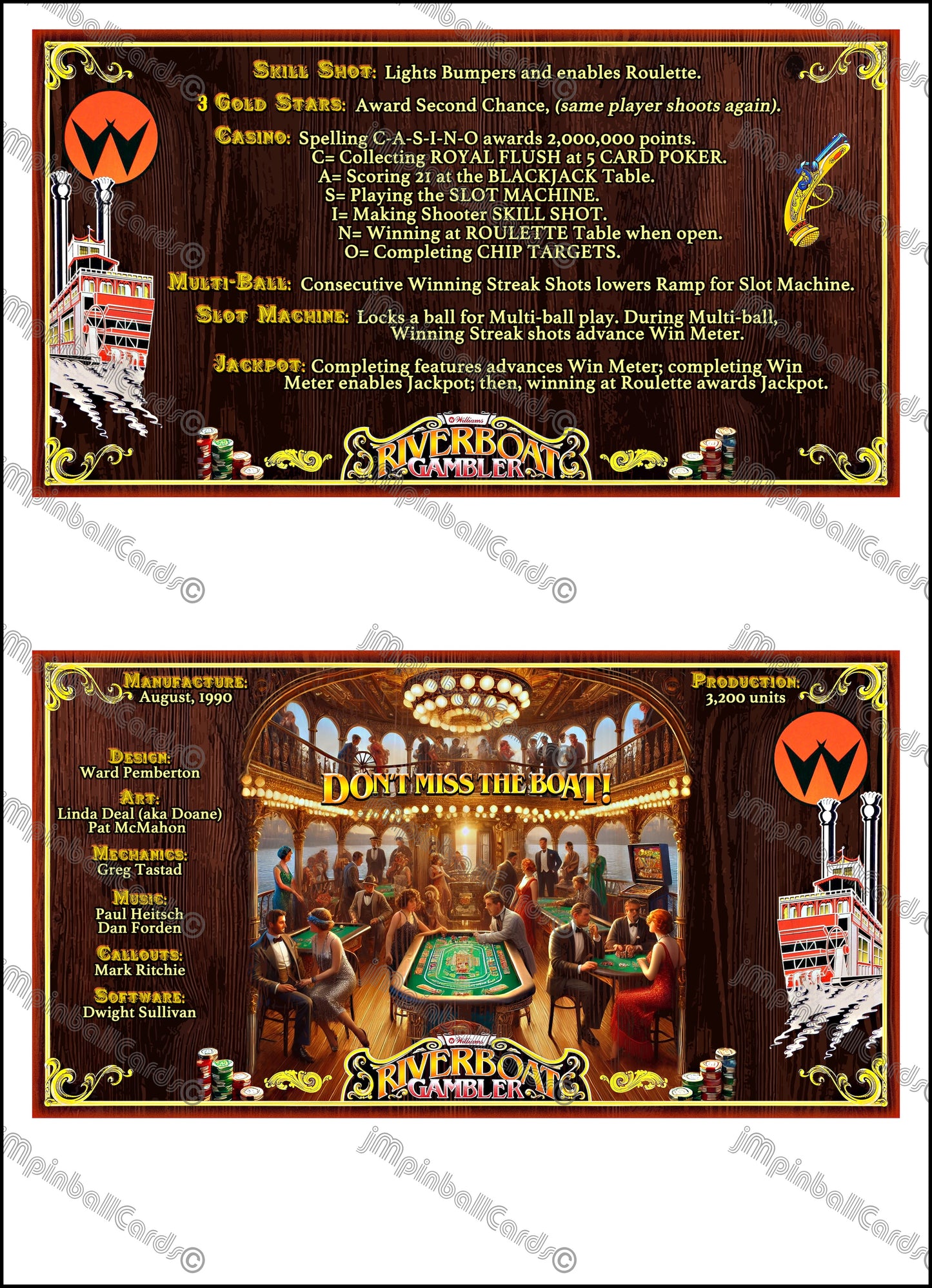 Instrucciones de las tarjetas del juego Williams Riverboat Gambler de 1990, máquina de pinball, delantal personalizado, reglas impresas V1