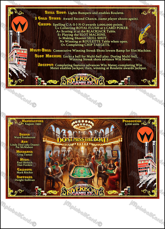 Instrucciones de las tarjetas del juego Williams Riverboat Gambler de 1990, máquina de pinball, delantal personalizado, reglas impresas V1