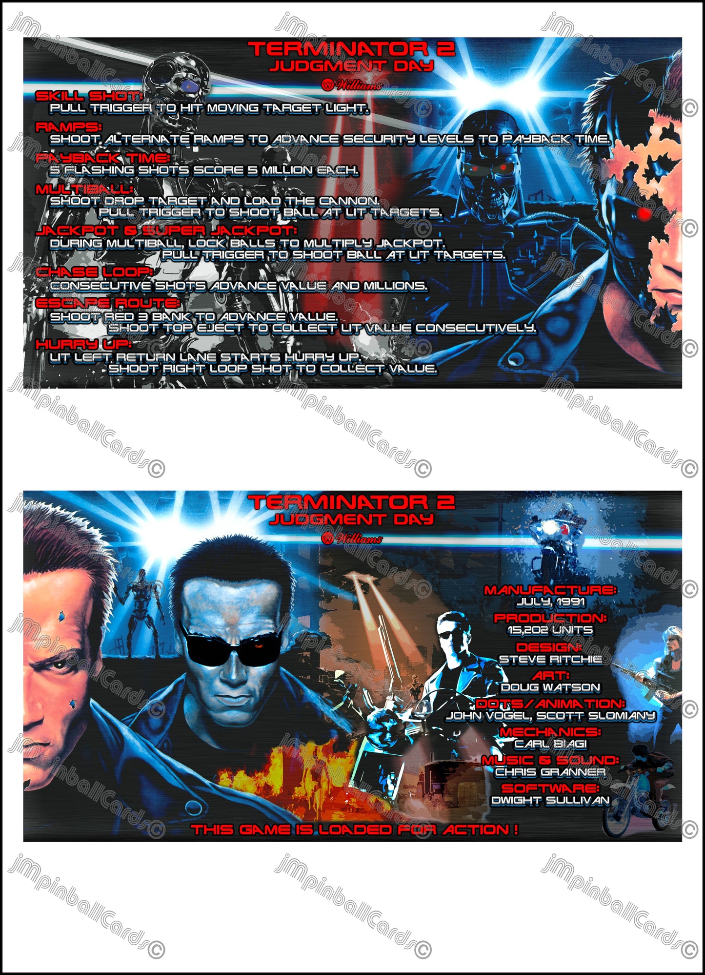 Williams T2 Terminator 2 1991 Jeu Cartes Instructions Flipper Custom Apron règles imprimées V1