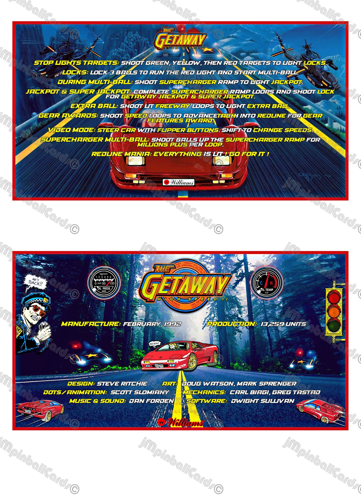 Williams The Getaway 1992 Jeu Cartes Instructions Flipper Custom Apron règles imprimées V1