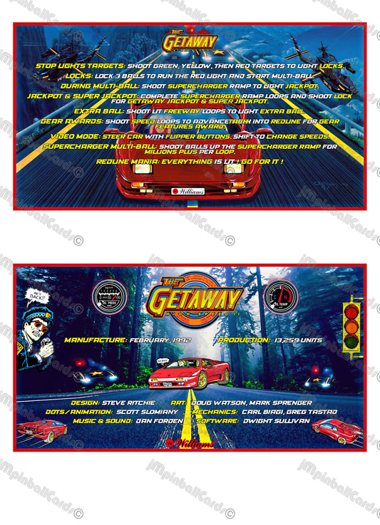 Williams The Getaway 1992 Jeu Cartes Instructions Flipper Custom Apron règles imprimées V1