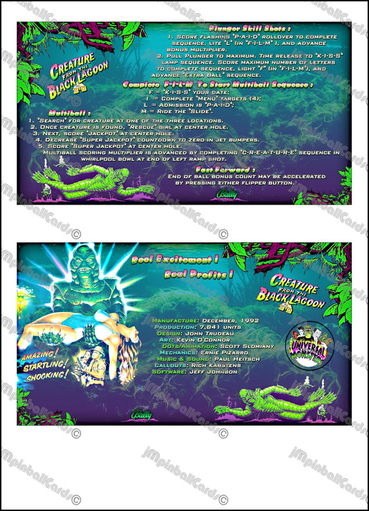 Bally Creature From The Black Lagoon 1992 Jeu Cartes Instructions Flipper Custom Apron règles imprimées V2