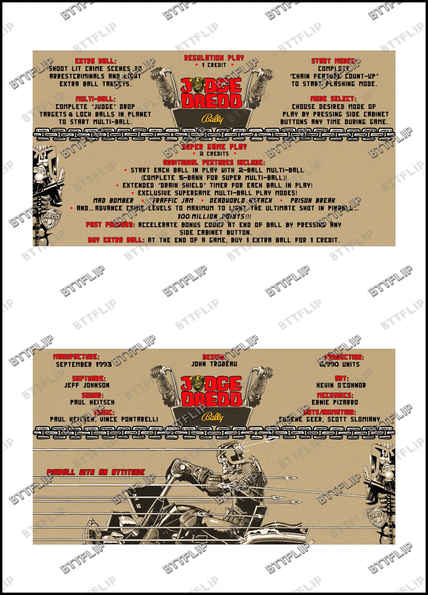 Instrucciones de las tarjetas de juego Bally JUDGE DREDD 1993, delantal personalizado de pinball, reglas impresas V2