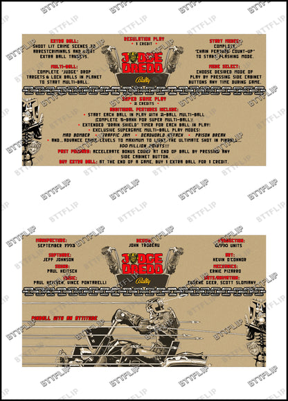 Instrucciones de las tarjetas de juego Bally JUDGE DREDD 1993, delantal personalizado de pinball, reglas impresas V2