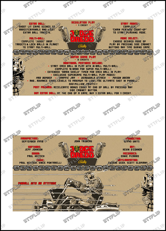 Bally JUDGE DREDD 1993 Jeu Cartes Instructions Flipper Custom Apron règles imprimées V2
