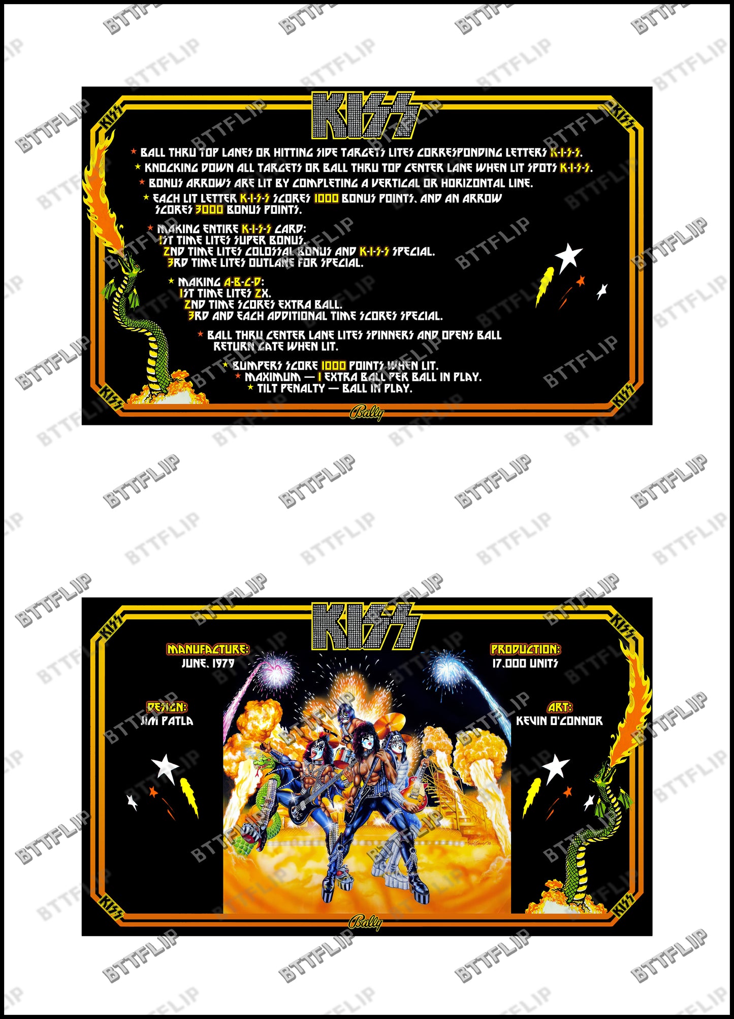 Instrucciones de las tarjetas de juego Bally KISS 1979 Delantal personalizado de pinball con reglas impresas