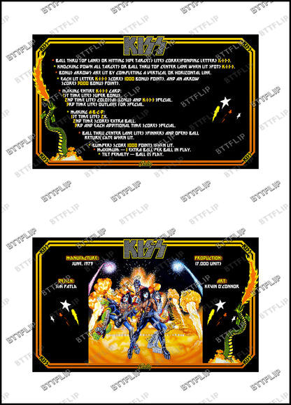 Instrucciones de las tarjetas de juego Bally KISS 1979 Delantal personalizado de pinball con reglas impresas