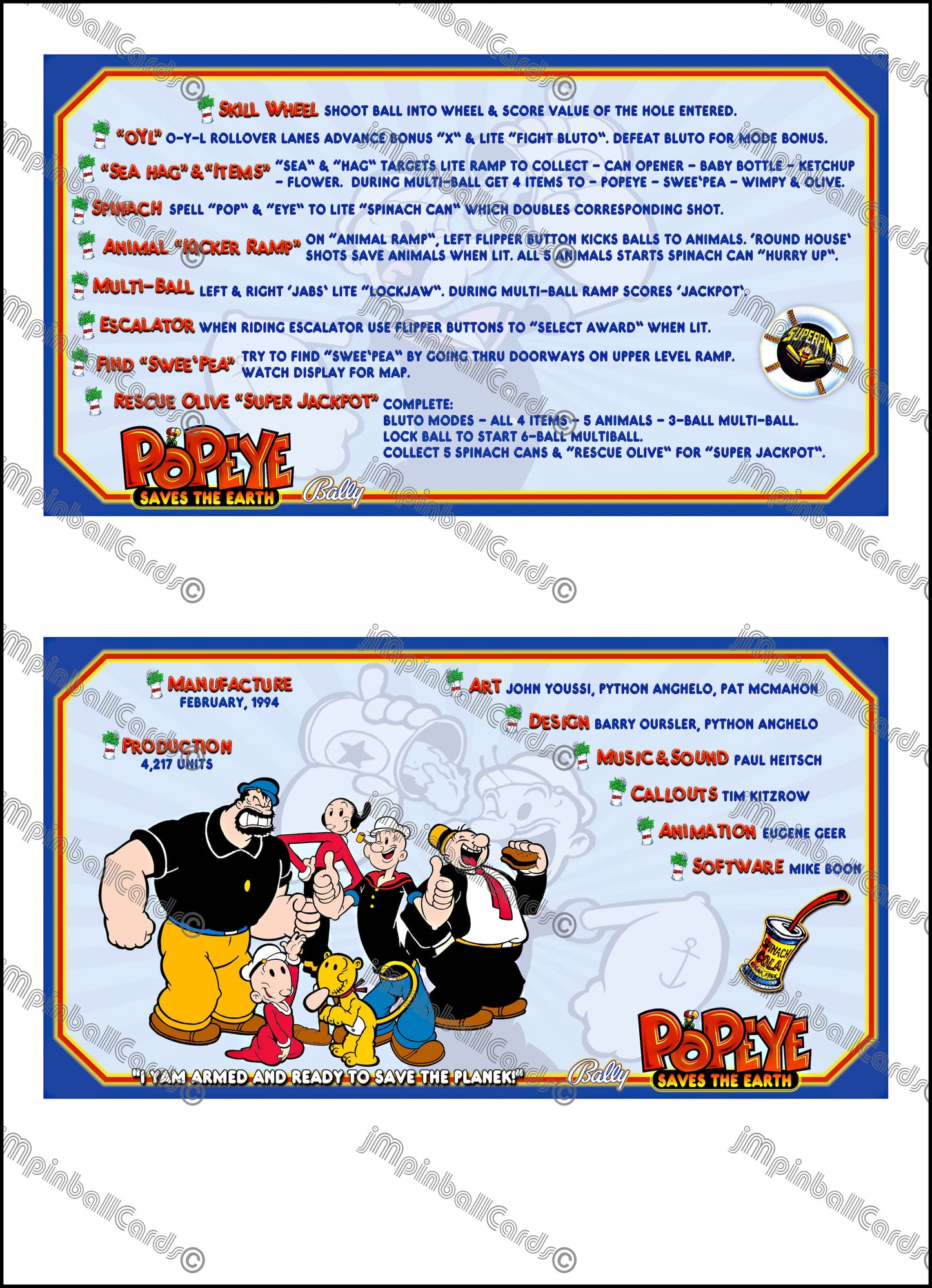 Instrucciones de las tarjetas del juego Bally Popeye 1994, delantal personalizado de pinball, reglas impresas