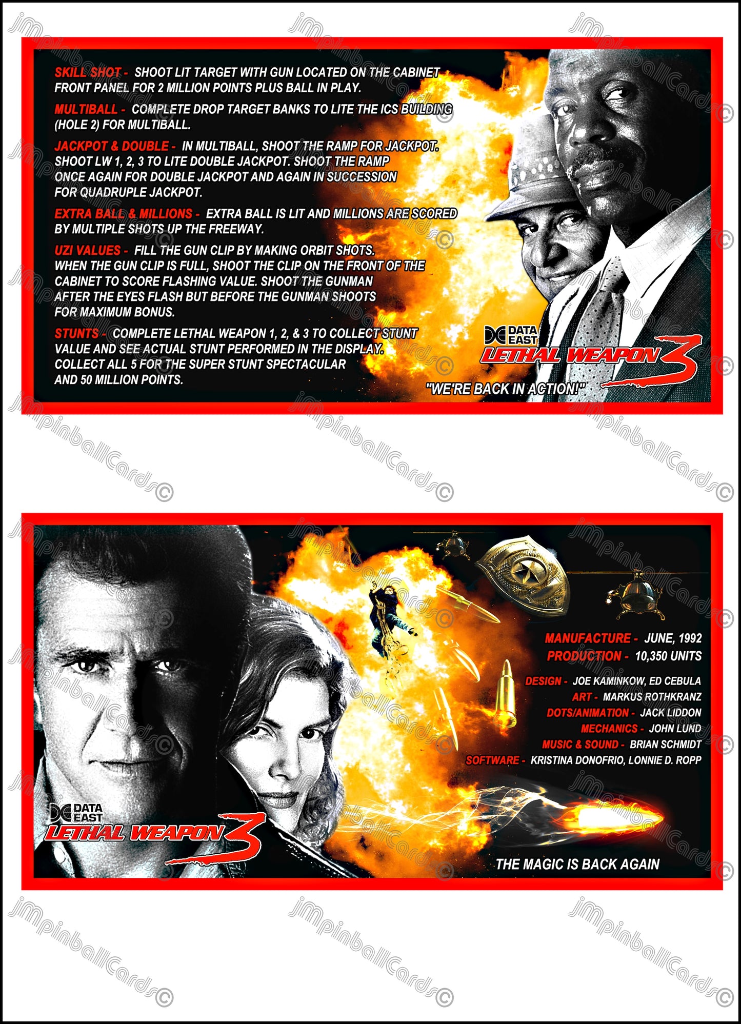 Data East Lethal Weapon 1992 Jeu Cartes Instructions Flipper Custom Apron règles imprimées V2