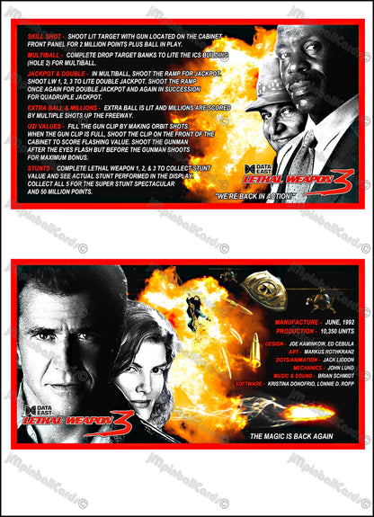 Data East Lethal Weapon 1992 Game Cards Instructions Pinball Custom Apron Printed Rules V2