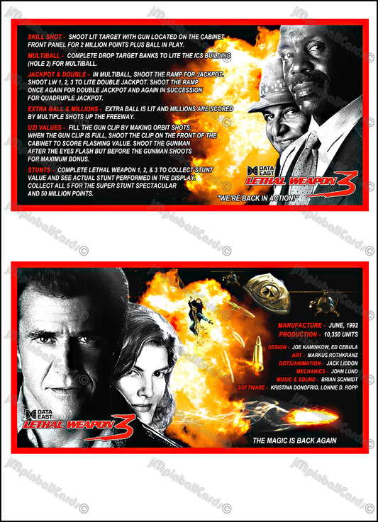 Data East Lethal Weapon 1992 Jeu Cartes Instructions Flipper Custom Apron règles imprimées V2