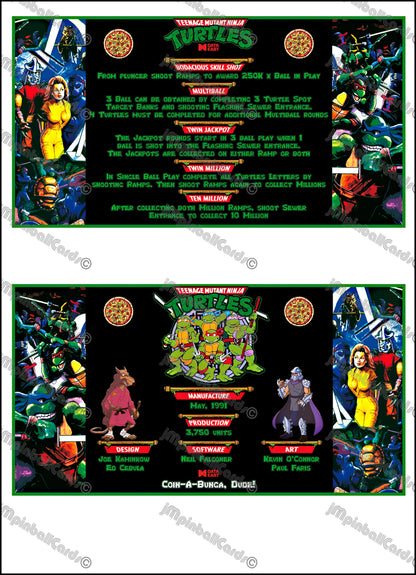 Data East Ninja Turtles 1991 Game Cards Instructions Flipper Custom Apron Printed Rules V2