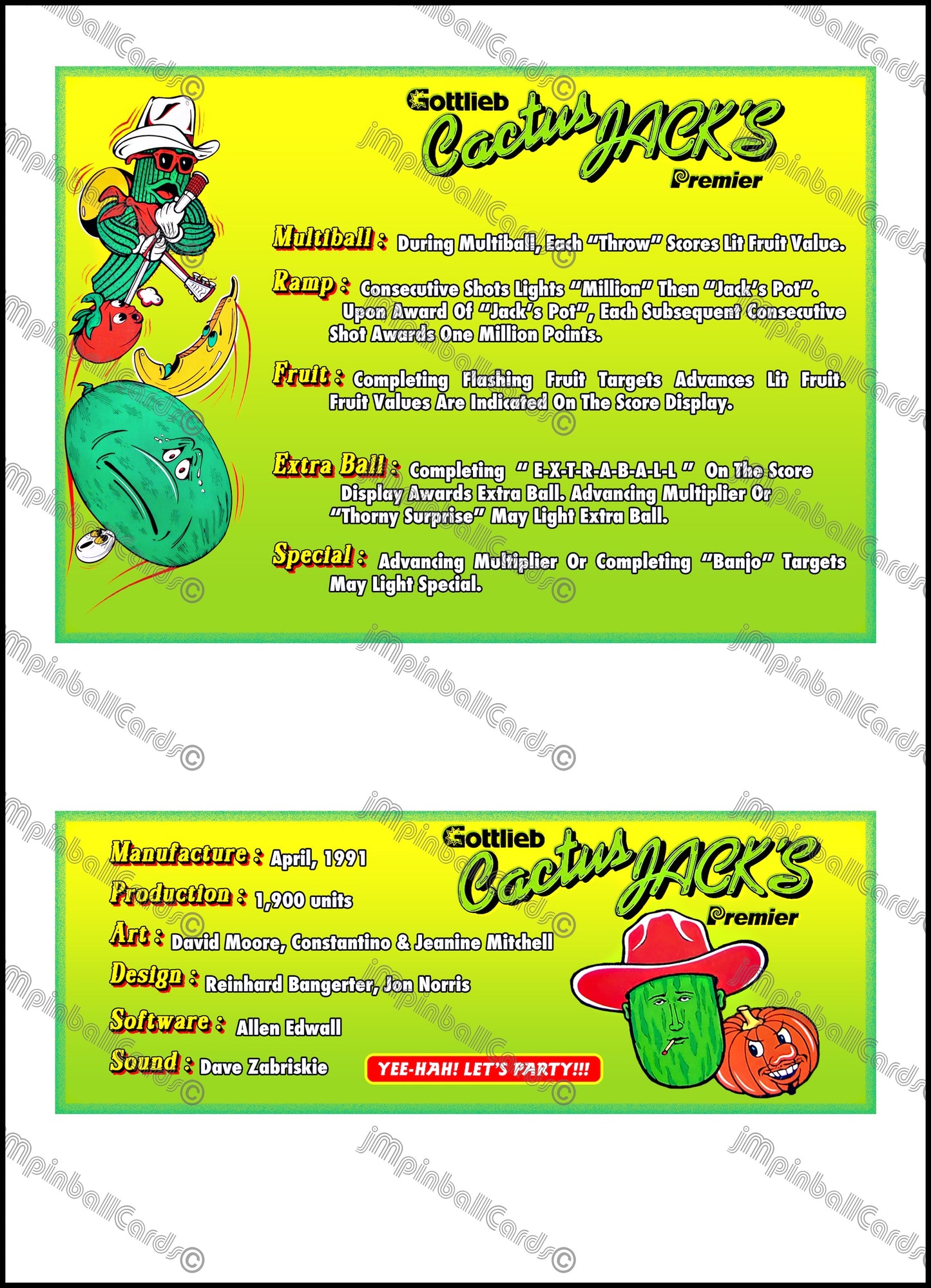 Gottlieb Cactus Jack's 1991 Game Cards Instructions Pinball Custom Apron Printed Rules V2