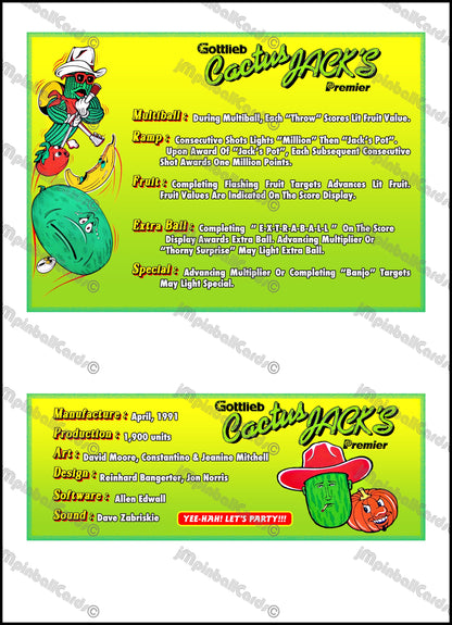 Instrucciones de las tarjetas de juego Gottlieb Cactus Jack de 1991. Delantal personalizado de pinball con reglas impresas (versión 2).