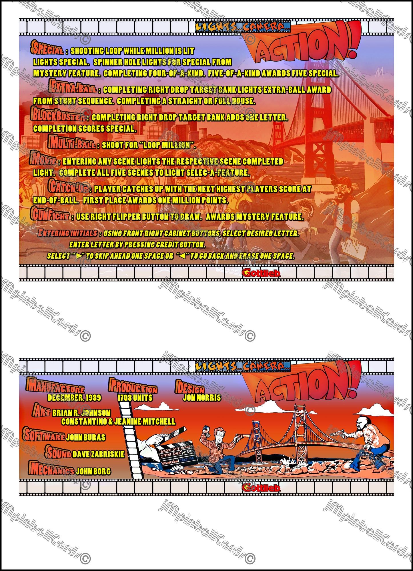 Gottlieb Light Camera Action 1989 Jeu Cartes Instructions Flipper Custom Apron règles imprimées V2