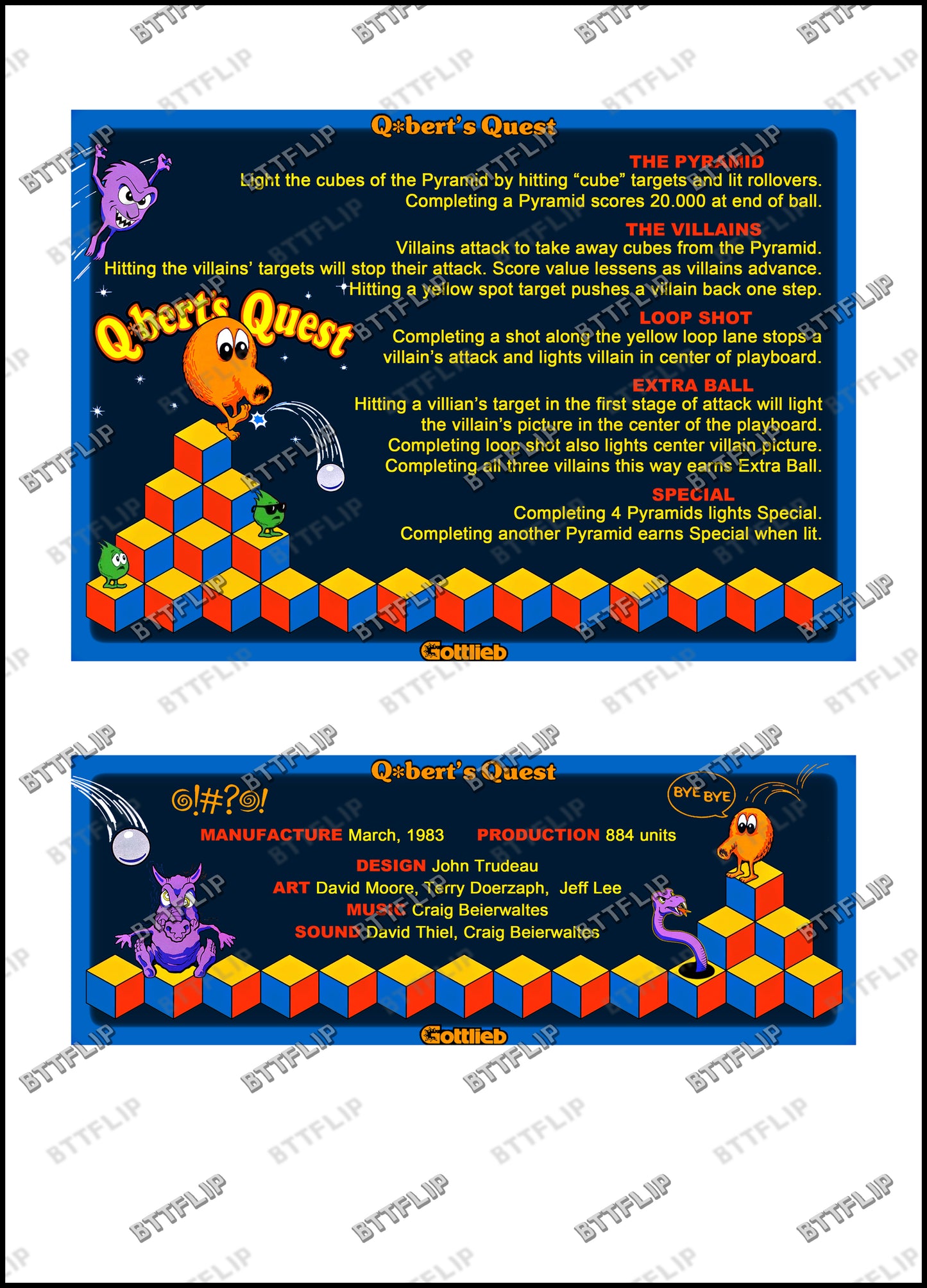 Gottlieb Q * Bert's Quest 1983 Juego de cartas Instrucciones Pinball Delantal personalizado Reglas impresas